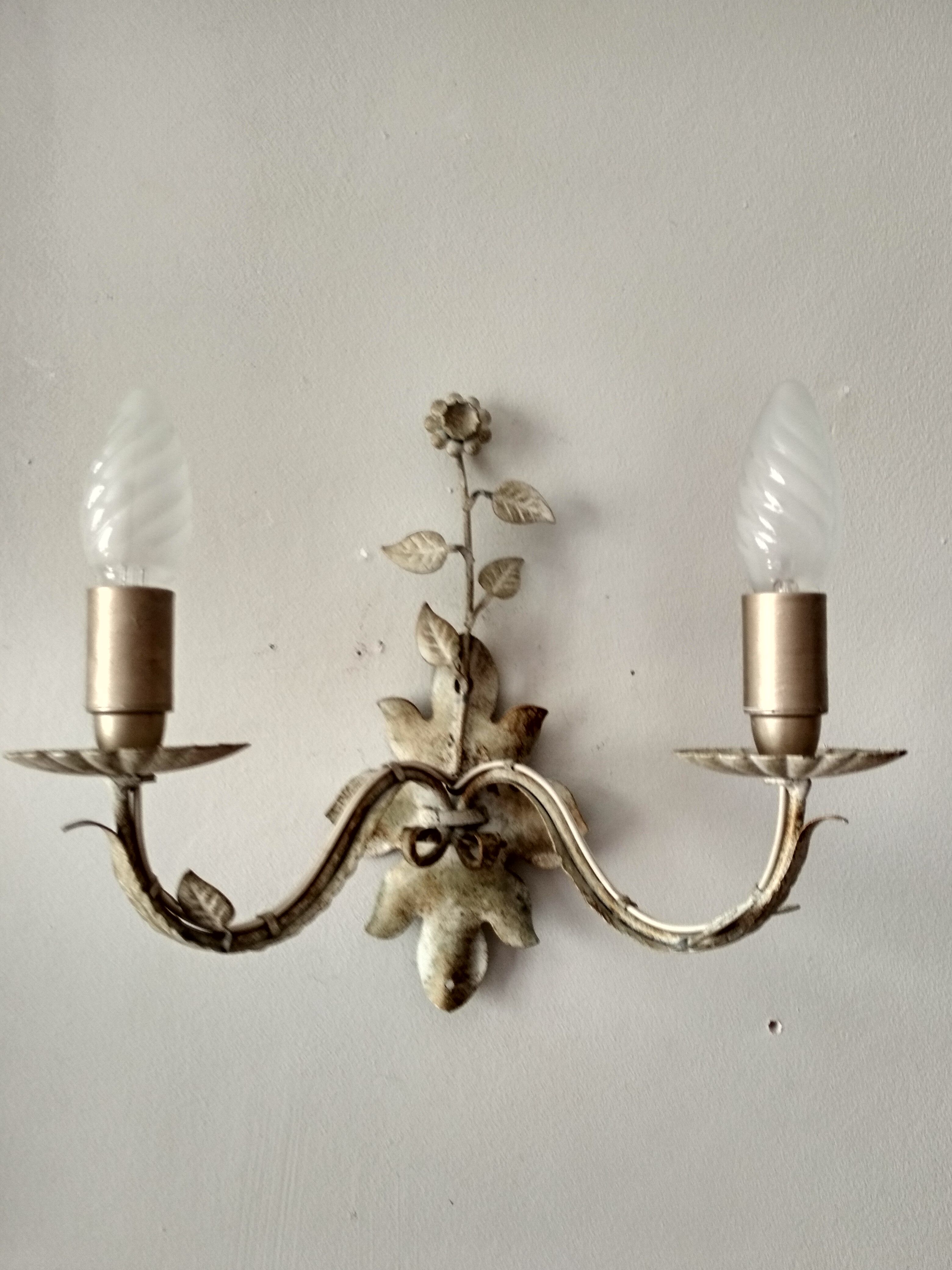 White glazed metal wall light with leaf and flower decor, 2 lights