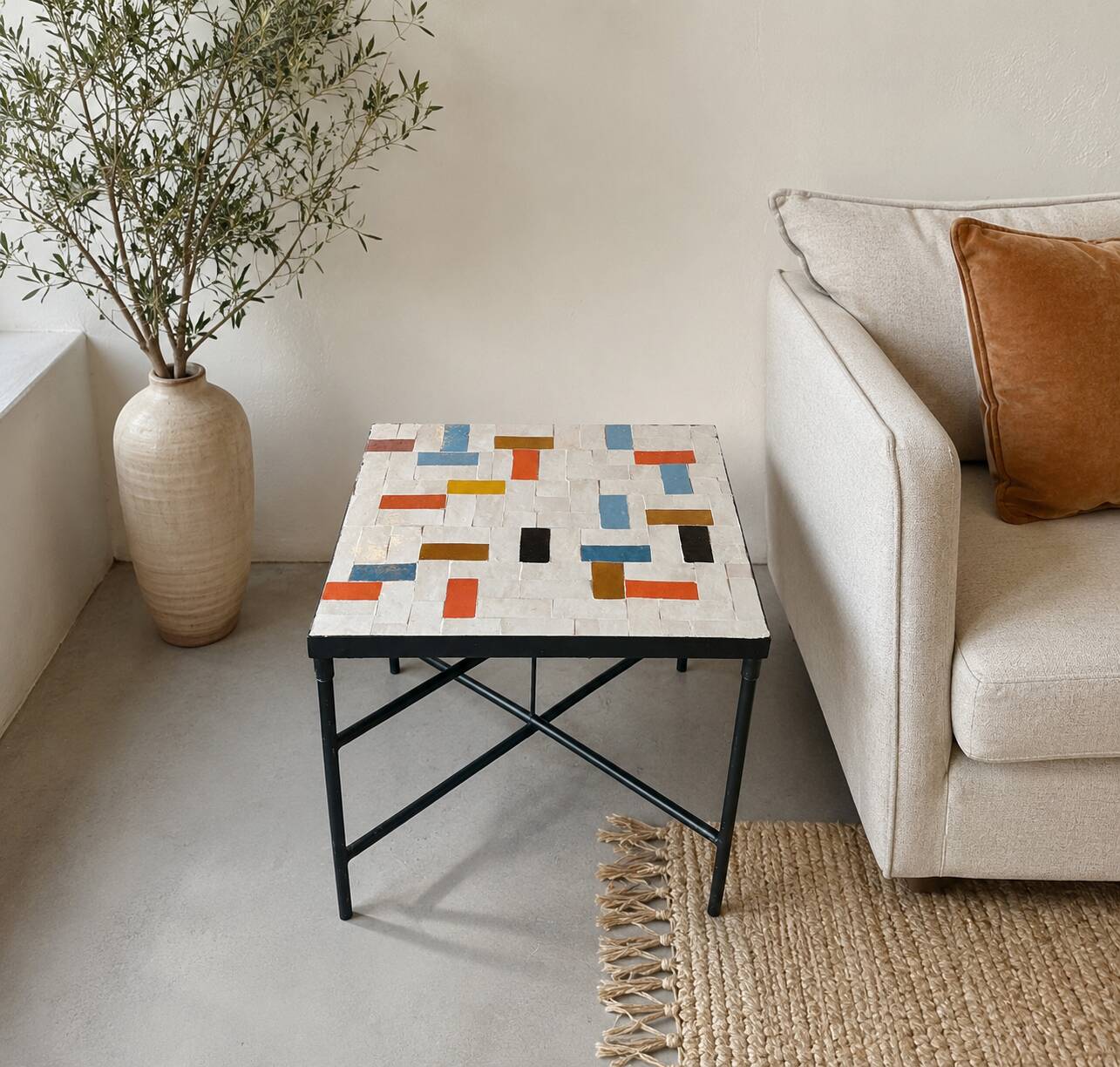 Square coffee table in multicoloured zellige, handcrafted in Morocco.