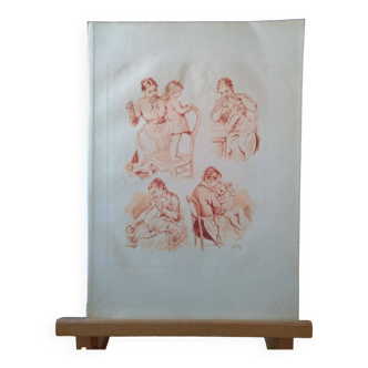 planche héliogravure de Dujardin illustrateur Adrien Marie 1883 thème enfant (lire description)