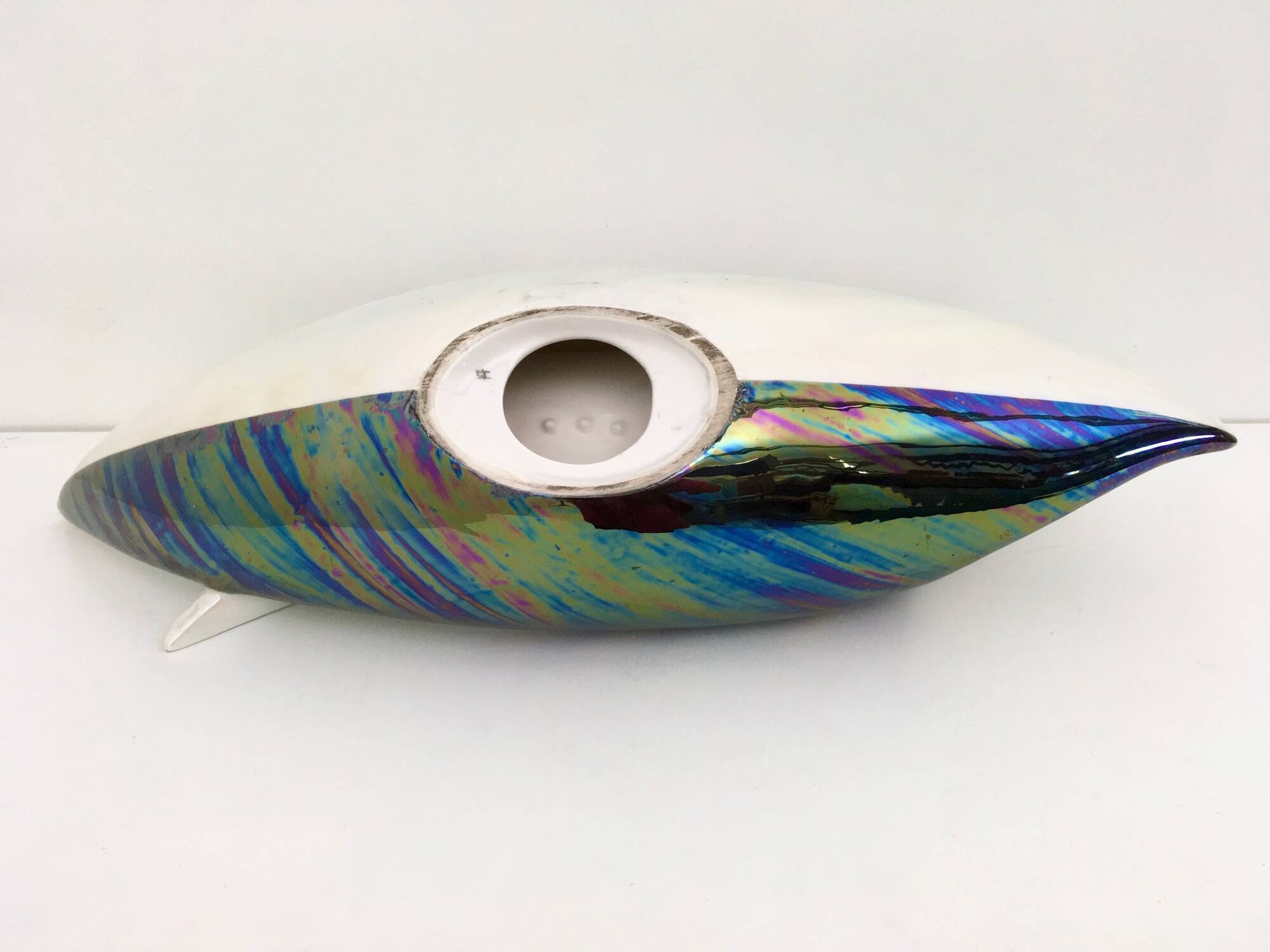 Vintage White and Iridescent Ceramic Bowl or Centerpiece N 6768 by Lusso, Italy