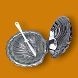 Vintage stainless steel and glass shell butter dish with knife