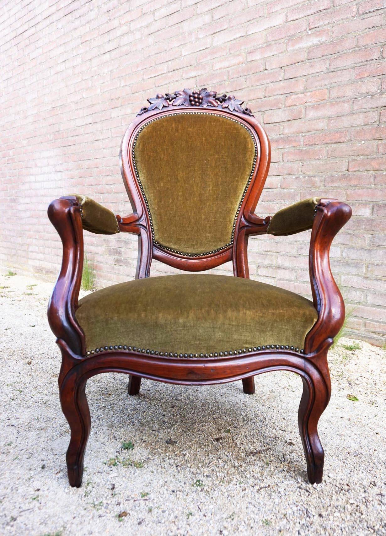 Mahogany Napoleon III Armchair with Carved Grapes  Decoration on Top, 1870s
