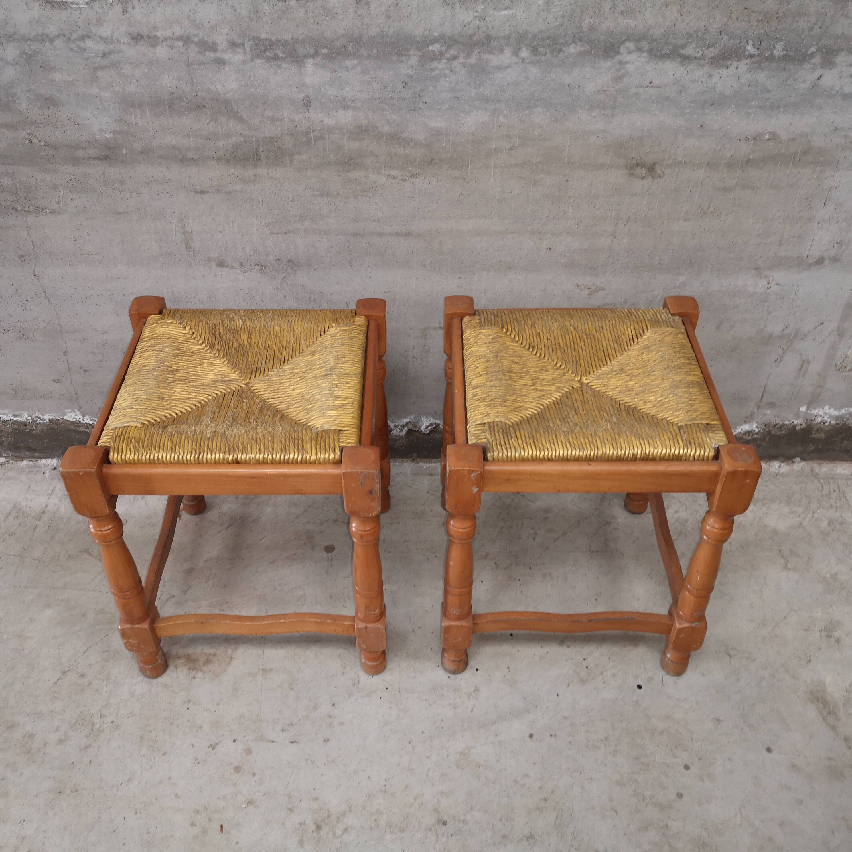 Paire de Tabourets Vintage Rustiques  Hêtre et Paille 1970 1980