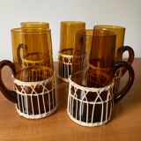 Set of 5 glass and rattan mugs