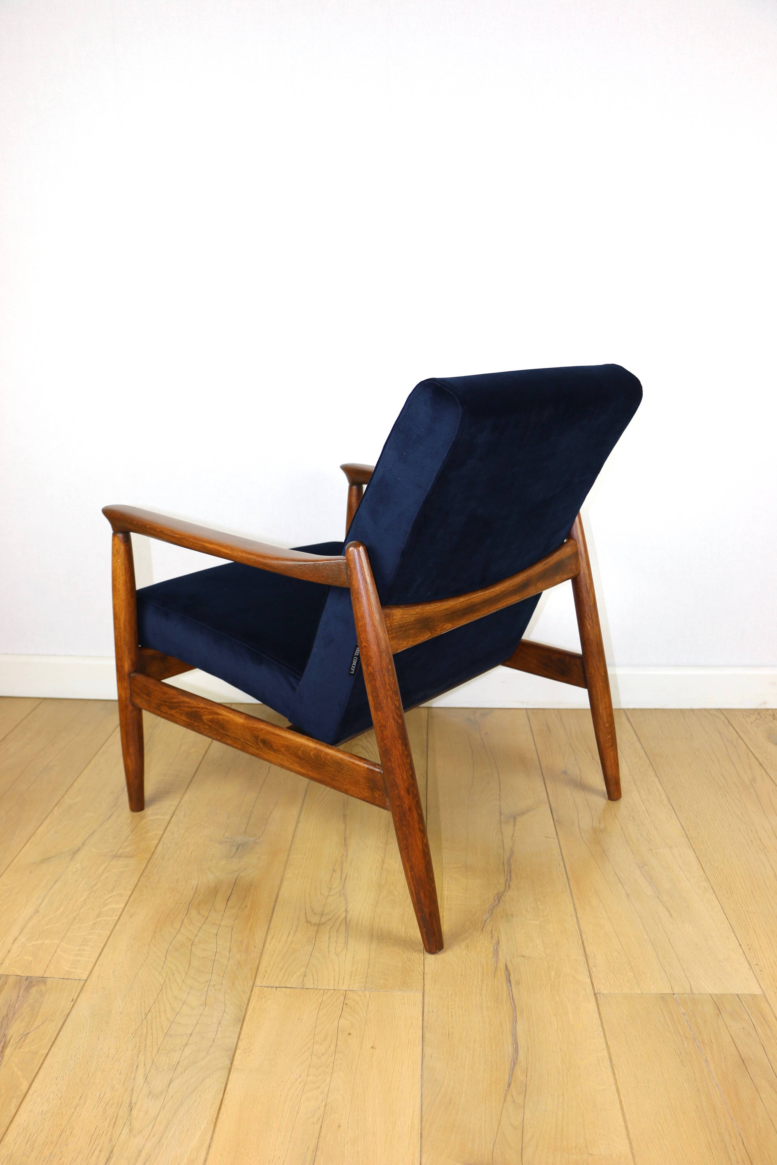 GFM-64 armchair, design by Edmund Homa from the 70s, navy blue - dark wood