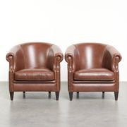 Set of 2 cognac-coloured cow leather club armchairs in English style