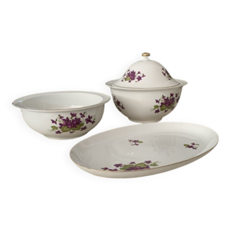 Henneberg service 1777 in white and purple porcelain with a gold rim — set of 3 (1960s)