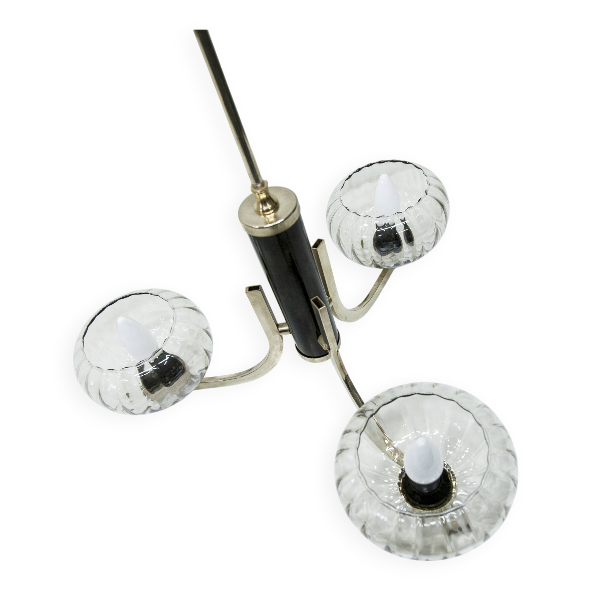 See Delmas chandelier, 3 arms, black and gold, clear glass, 1960