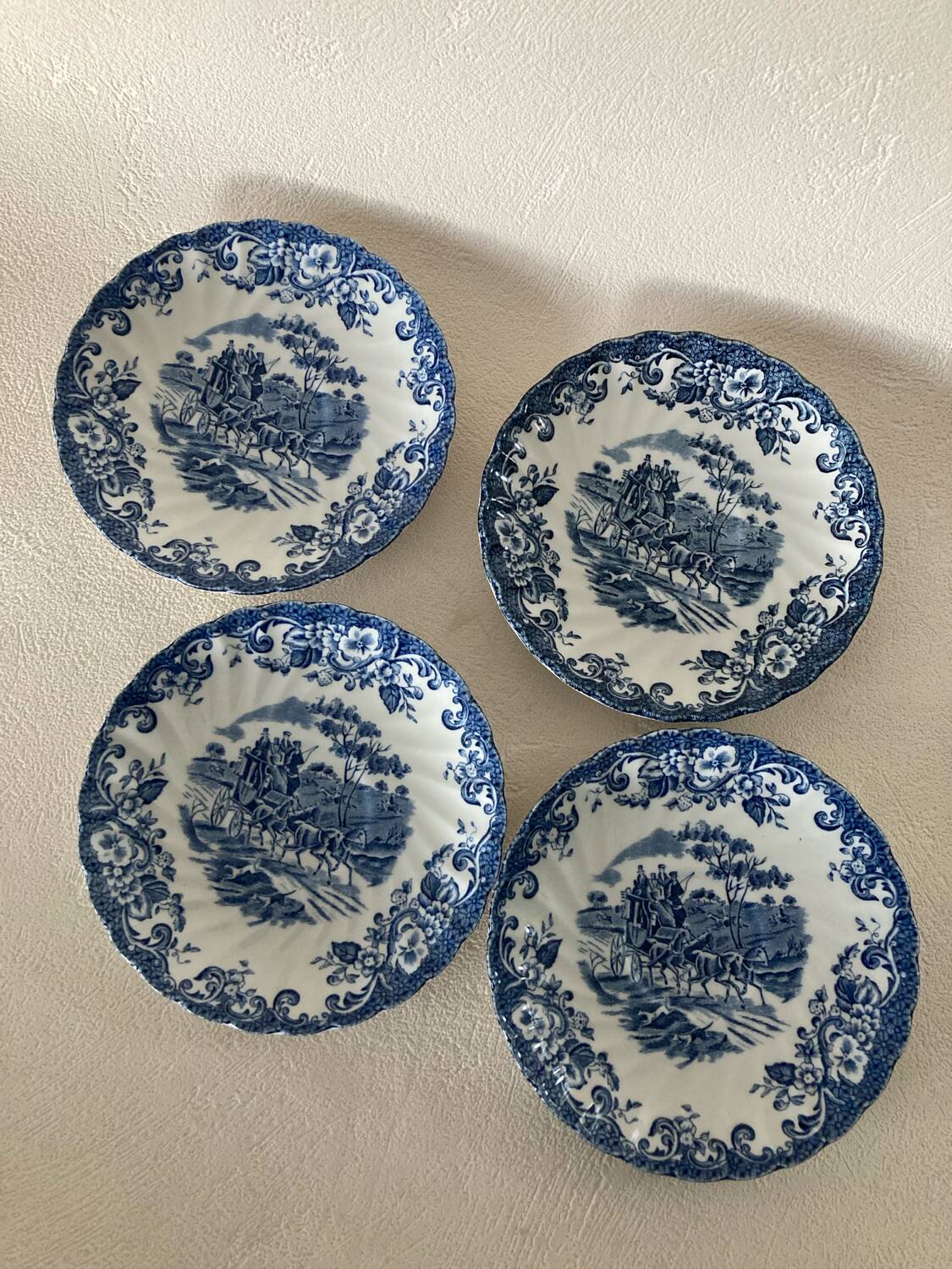 4 Coaching Scenes Blue Tea Cups and Saucers by Johnson Bros Ireston