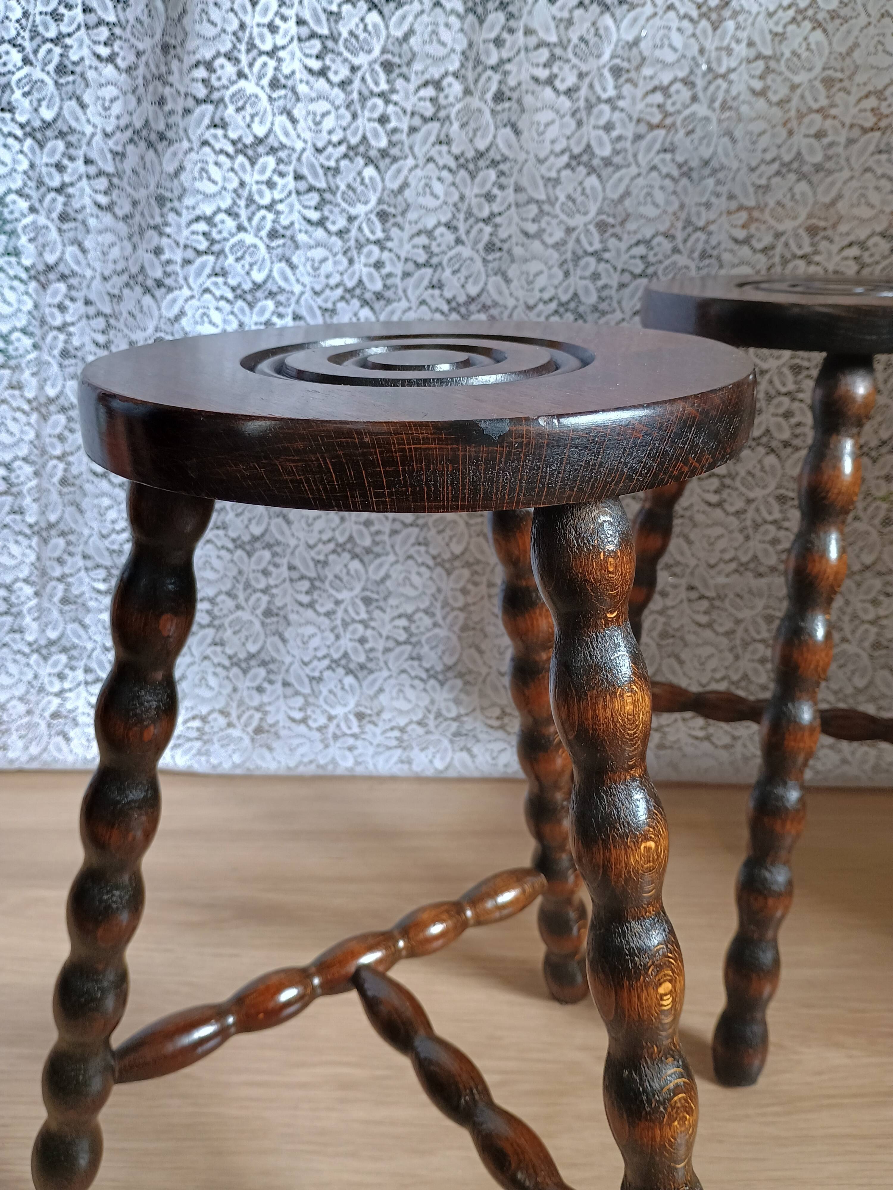 Pair of vintage turned wood tripod stools