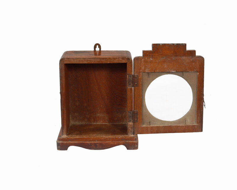 Little old wall showcase box has clock patina of origin india