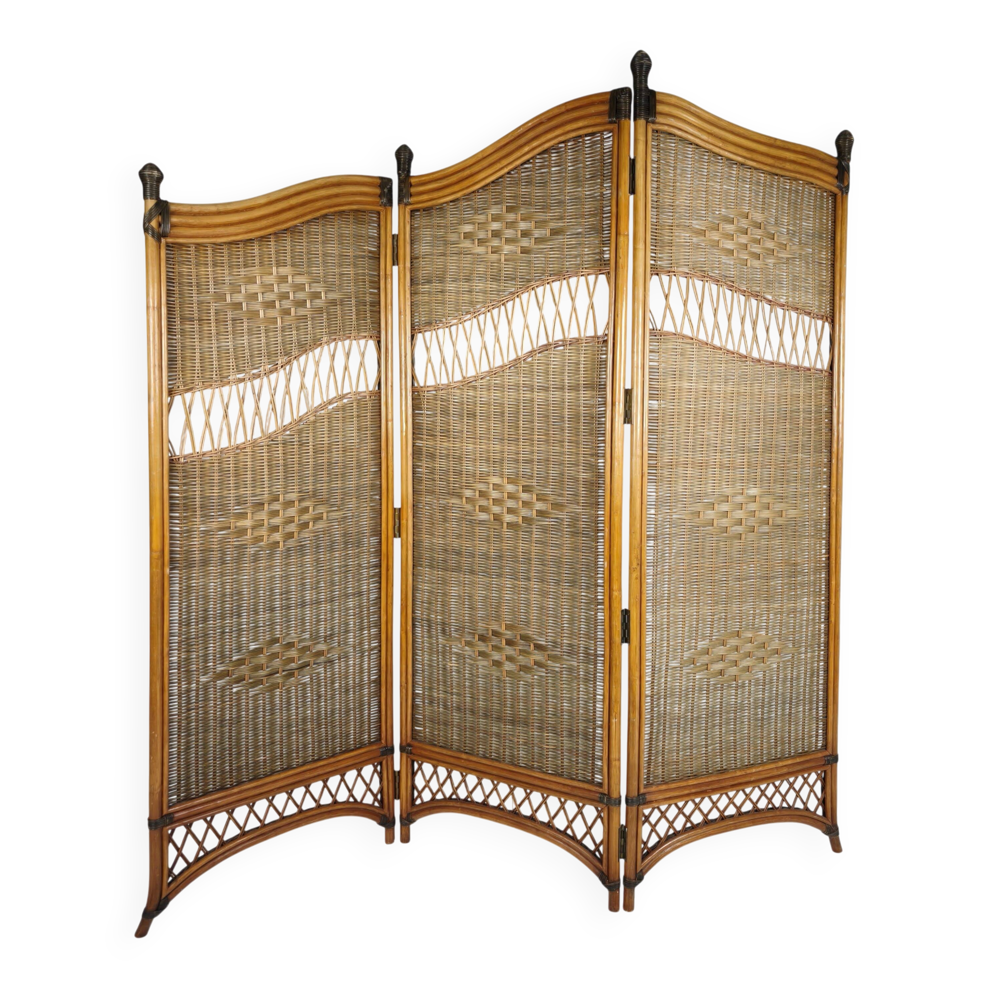 1970s Three-Panel Rattan Room Divider with Wicker Panels