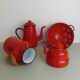Set milk pot, kettle, coffee maker and red enamelled strainer