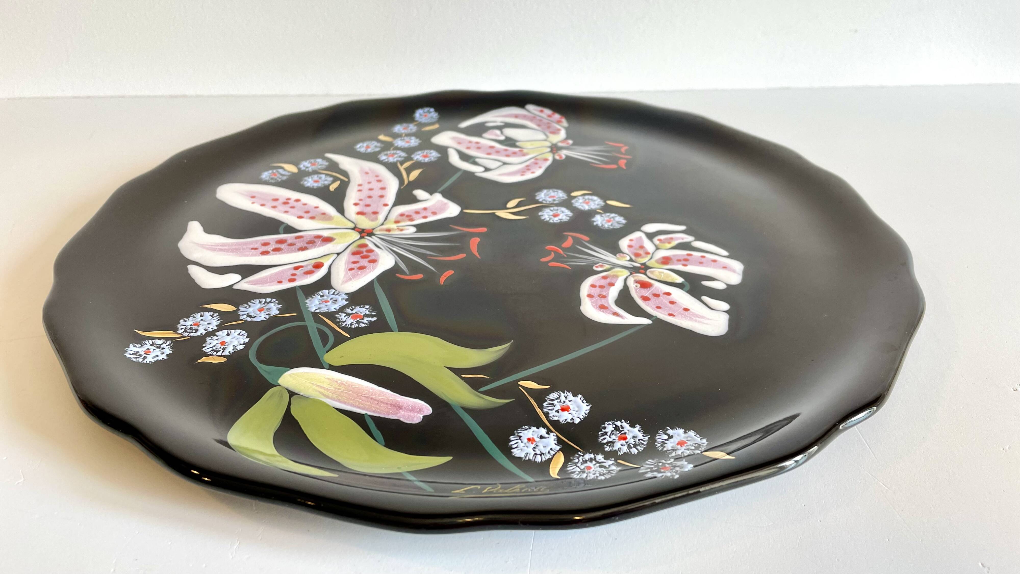 LONGWY PLATTER WITH LILIES signed L. VALENTI