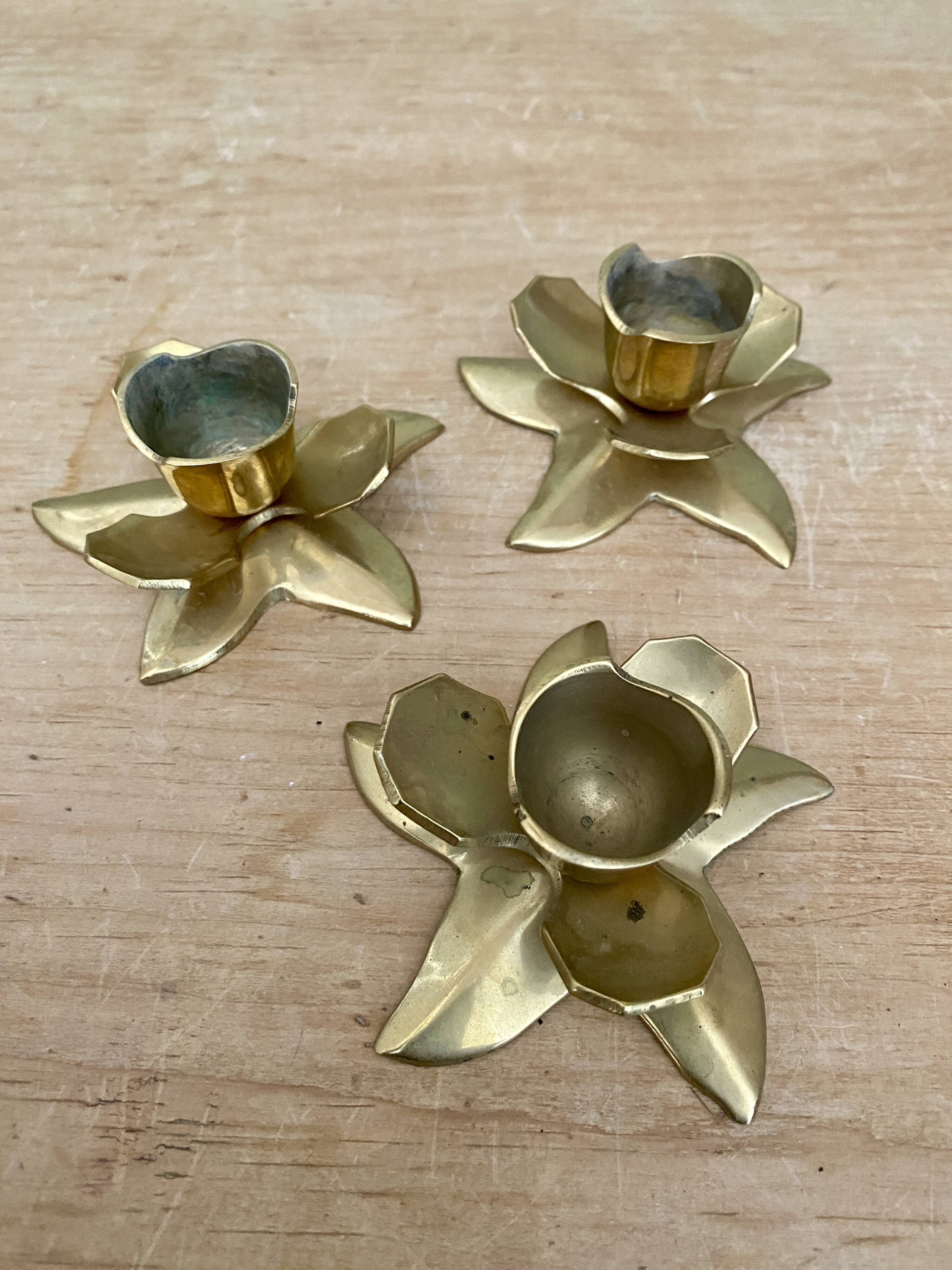Set of 3 vintage candle holders in gold-plated brass