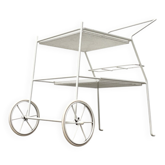 Mid-century modern minimalist perforated metal bar cart from the 1960s.