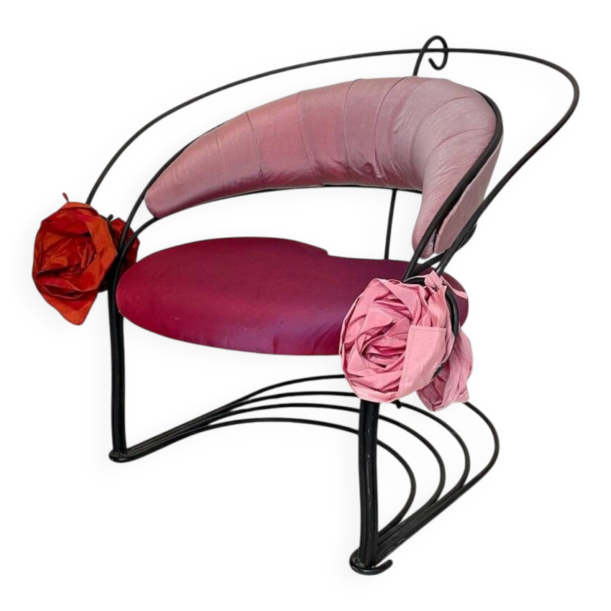 Postmodern Sculptural Armchair in Black Metal and Pink Red Silk Padding, 1980