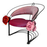 Postmodern Sculptural Armchair in Black Metal and Pink Red Silk Padding, 1980