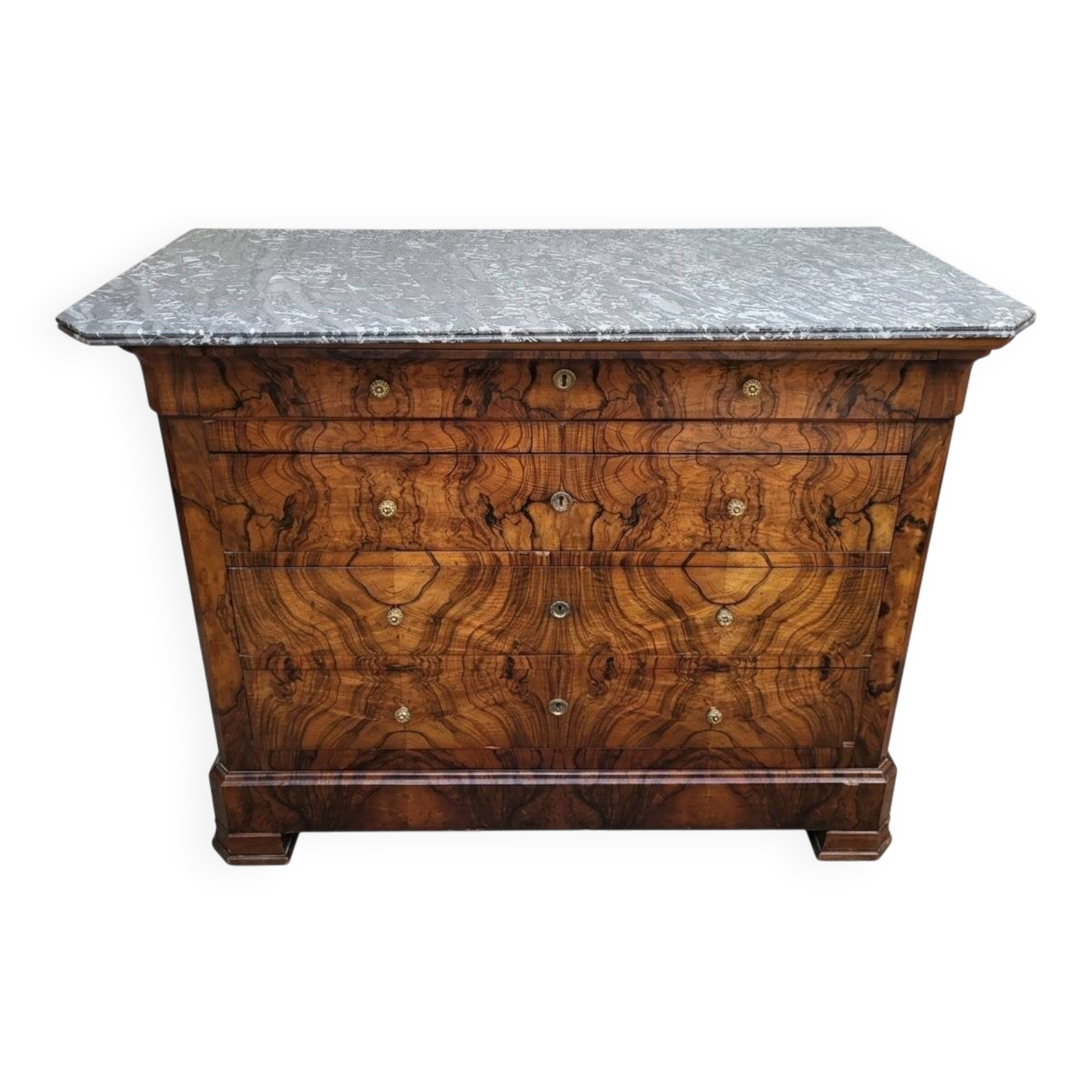 19th-century commode in walnut burl with a marble top.