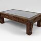 Solid oak coffee table carved with fauns and gray marble top, France, circa 1940