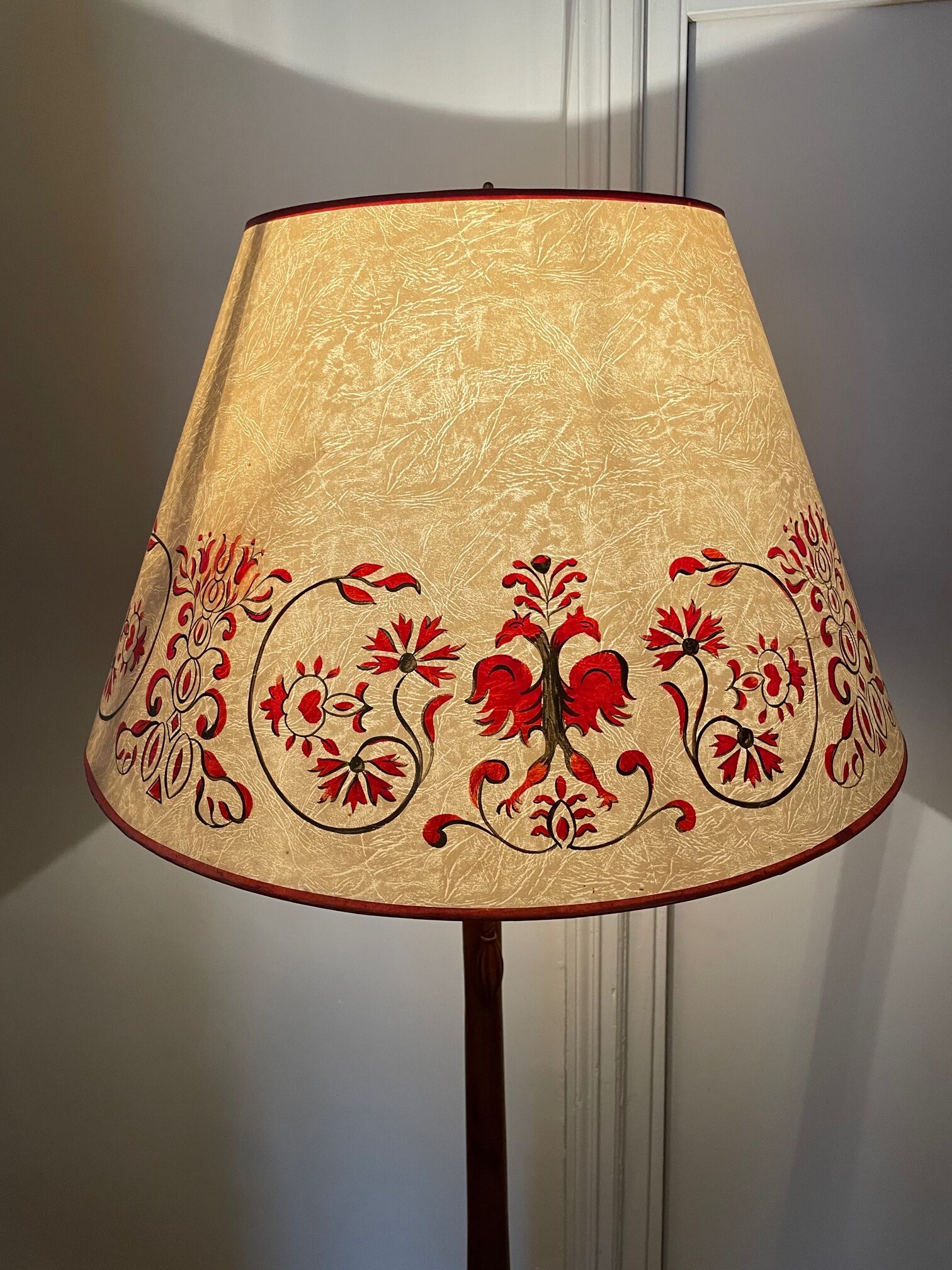 carved wooden floor lamp from the 40s