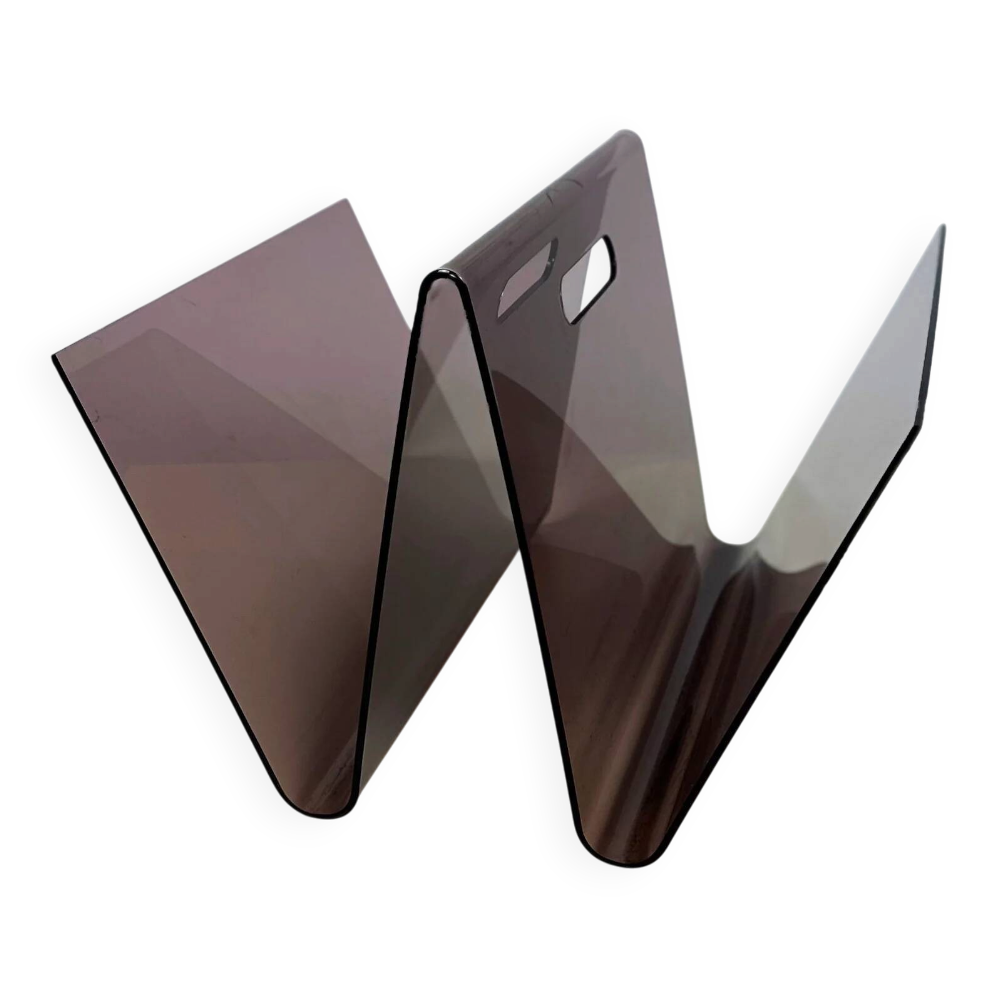 Smoked plexiglass magazine rack in the shape of a W — 1970s