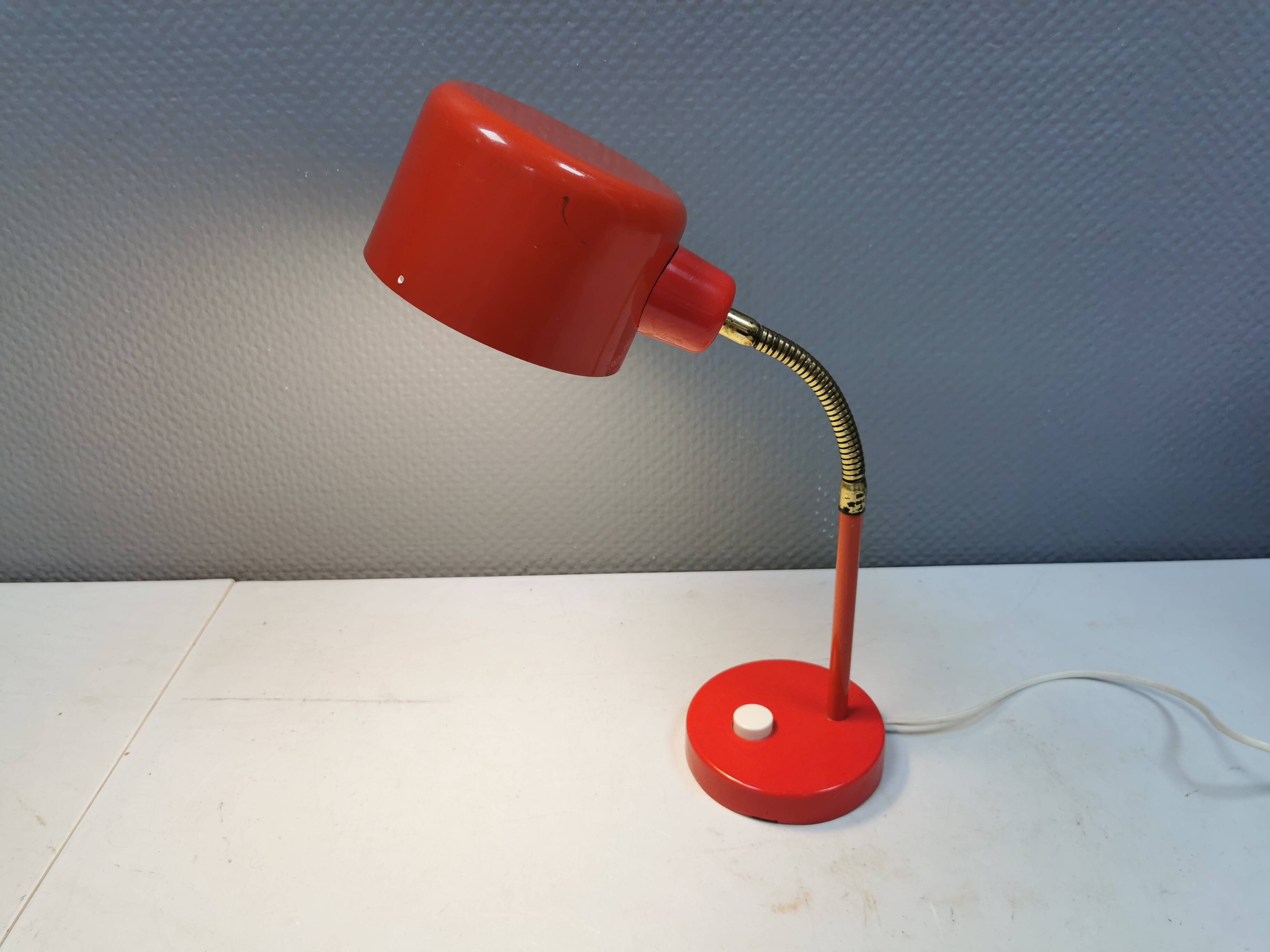 Swedish Elidus table lamp in red with adjustable brass swan neck 1970-80s