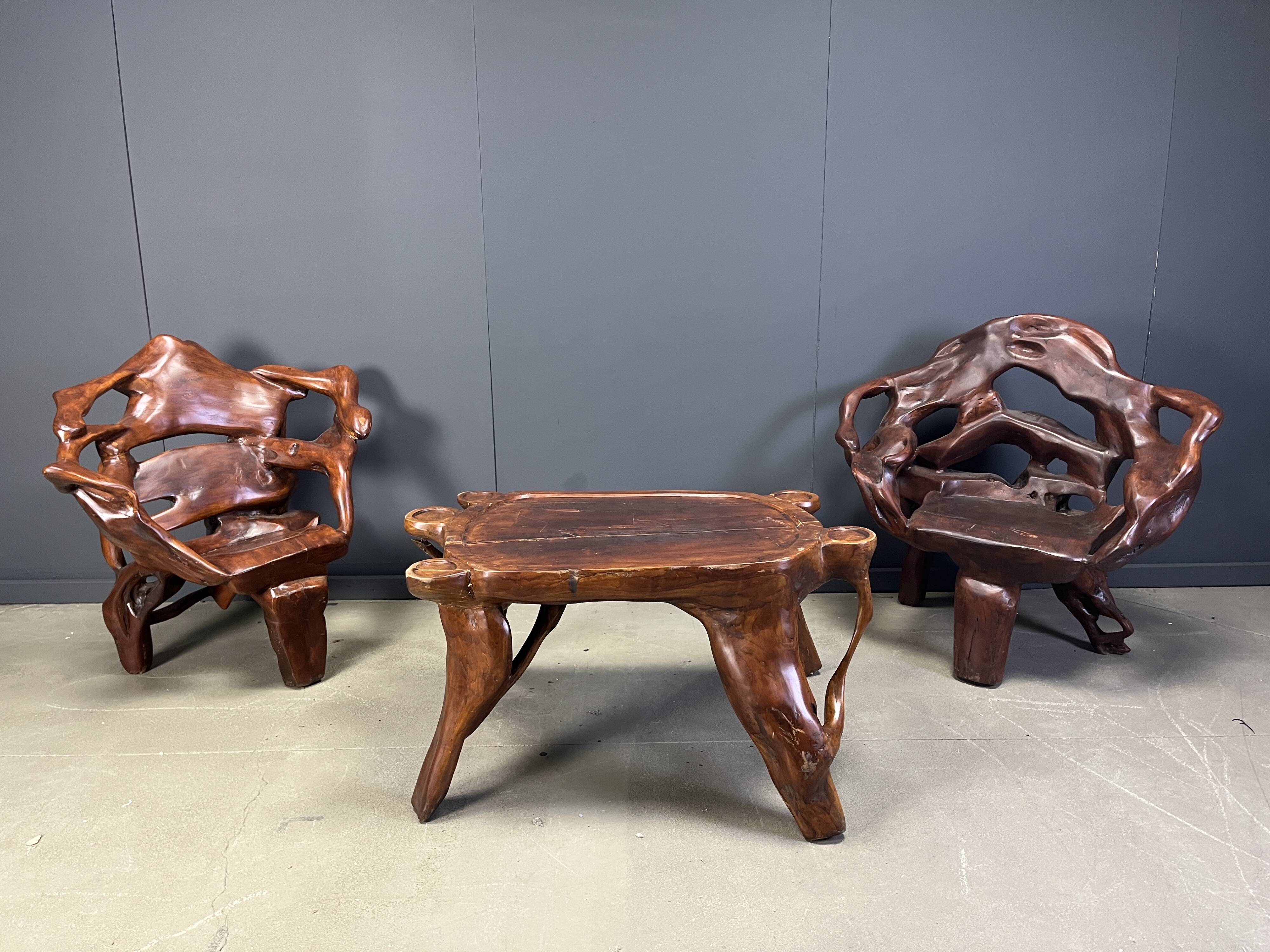 Large olive tree root chair set, 1960s