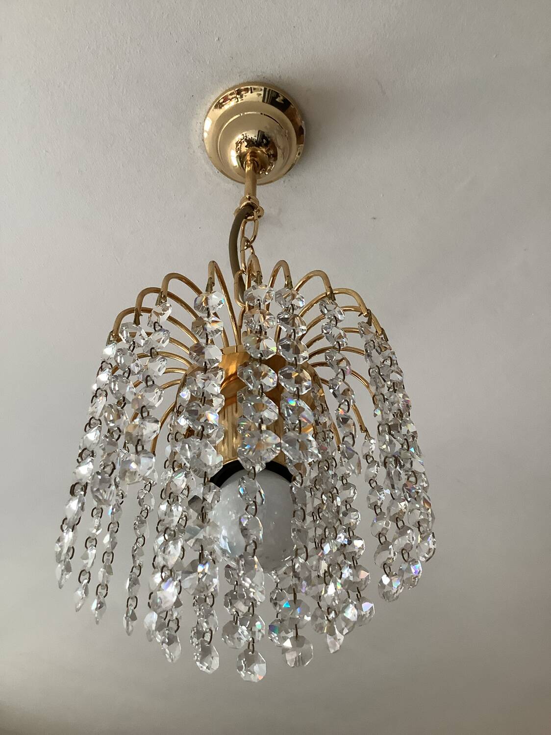 Small vintage brass chandelier with crystal droplets