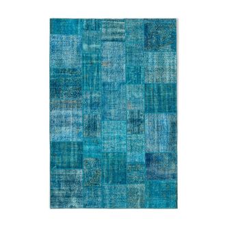 Handwoven turkish contemporary 200 cm x 298 cm blue patchwork carpet