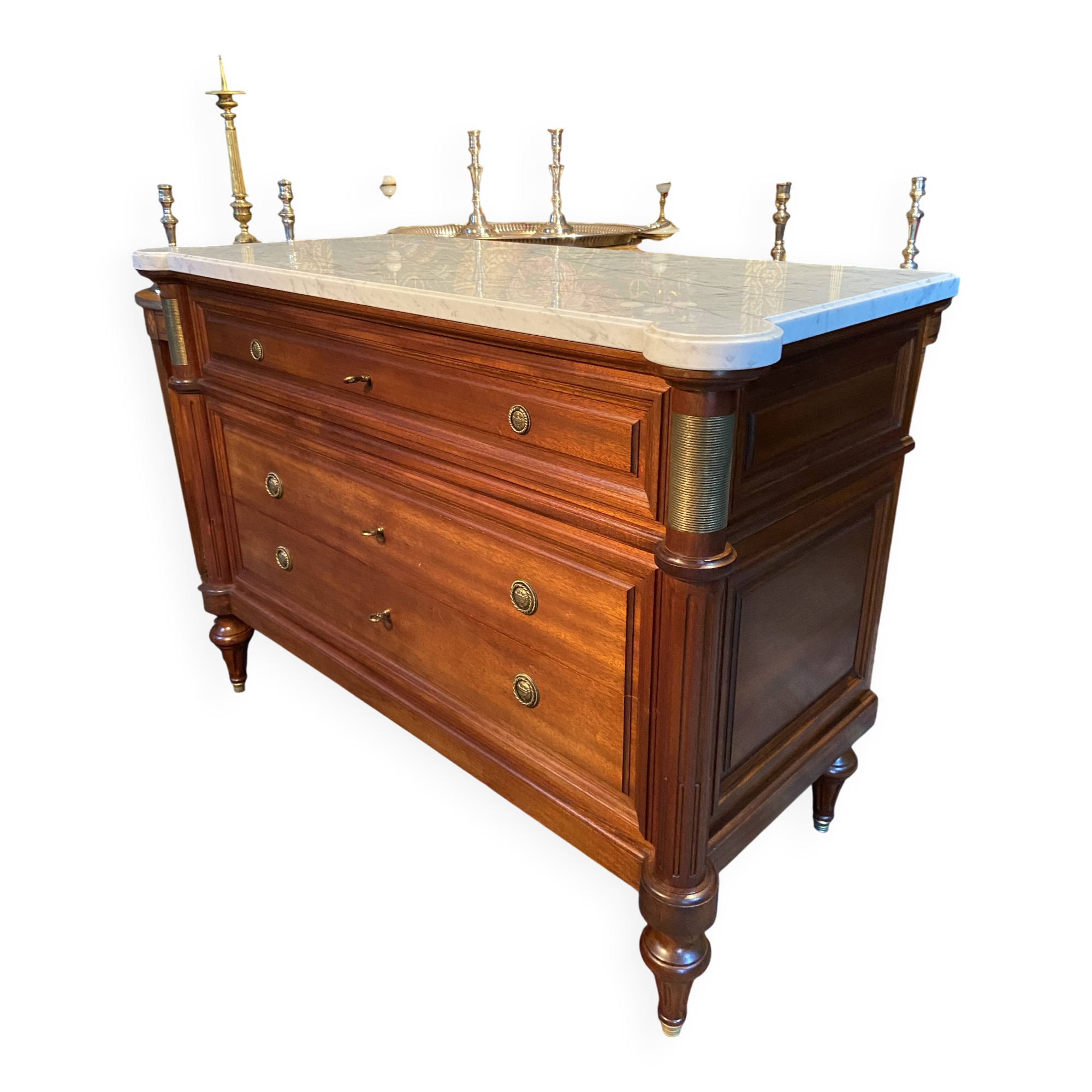 3-drawer chest of drawers in solid mahogany with white marble top in Louis XVI style