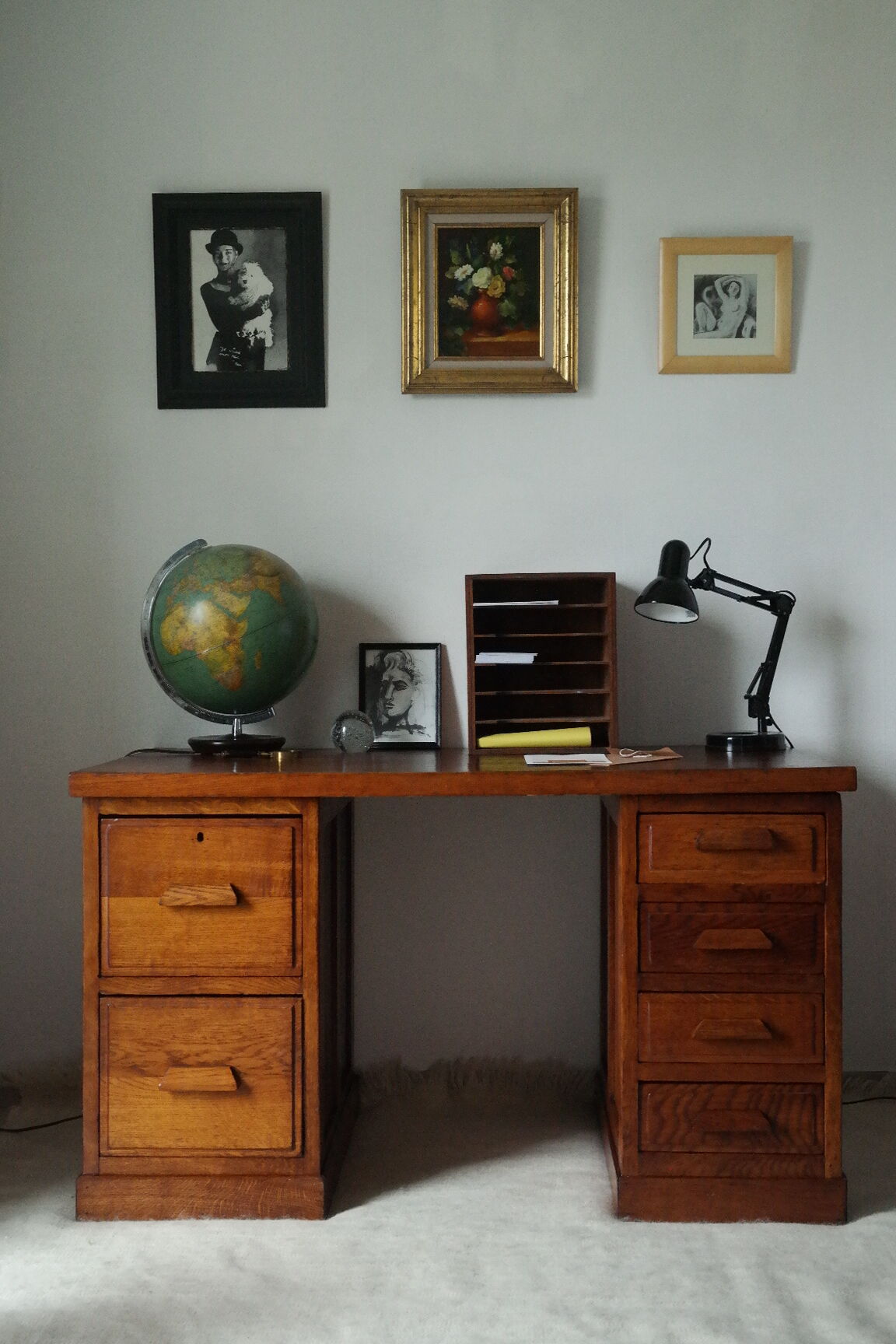 Bureau caisson d'atelier vintage en chêne