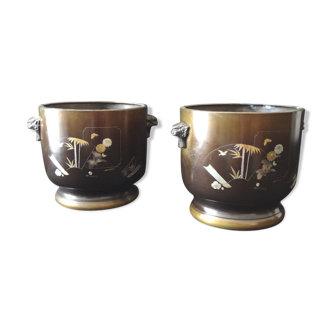 Pair of decorative pots inlays Japan signed early 20th century