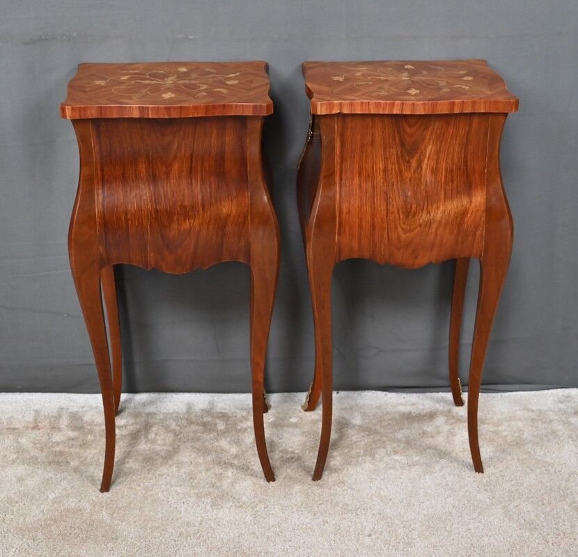 Pair of bedside tables in marquetry, Louis XV style – Mid 20th century
