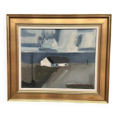 Peinture à l'huile danoise originale - "Motif côtier avec maisons" par Egon Møldrup (né en 1926) - Vintage et encadrée - 66 x 57 cm (26 x 22,4 pouces)