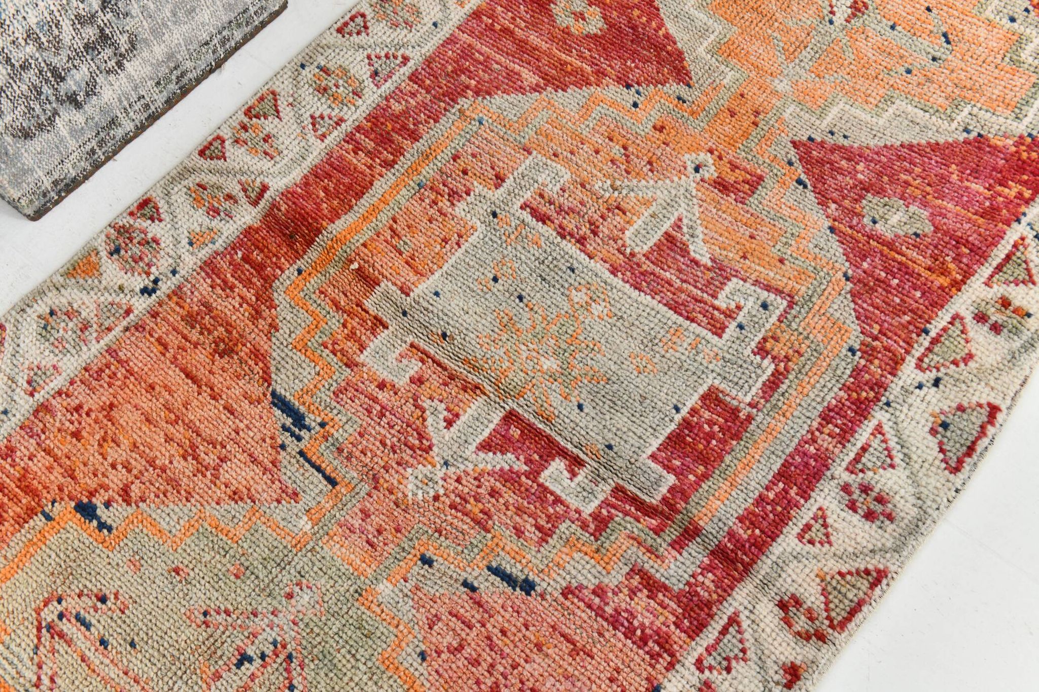 Red & Orange Geometric Pattern Vintage Runner Rug, 102x332Cm