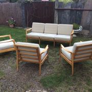 Vintage Scandinavian bench and armchairs of 4 pieces, 1 bench and 3 armchairs.