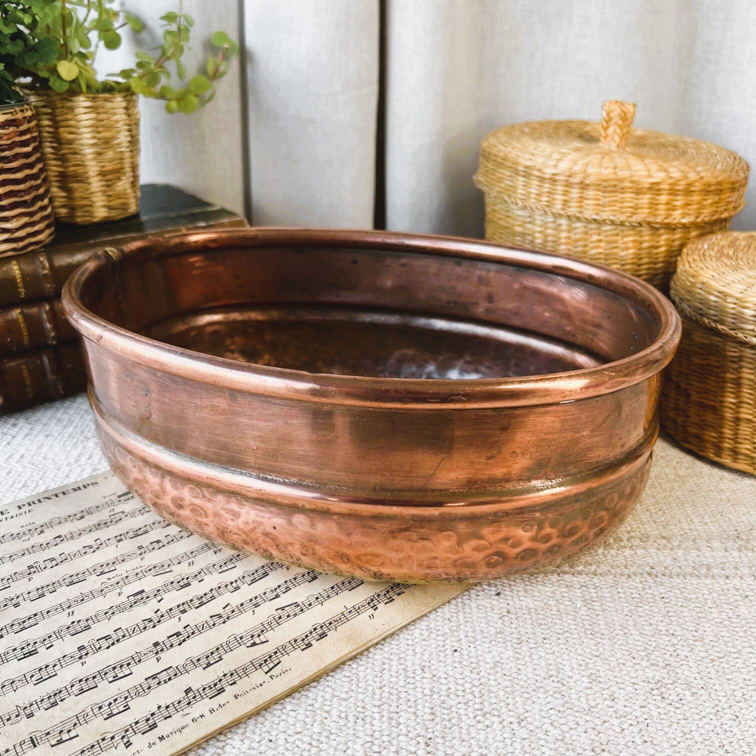 Oval hammered copper planter