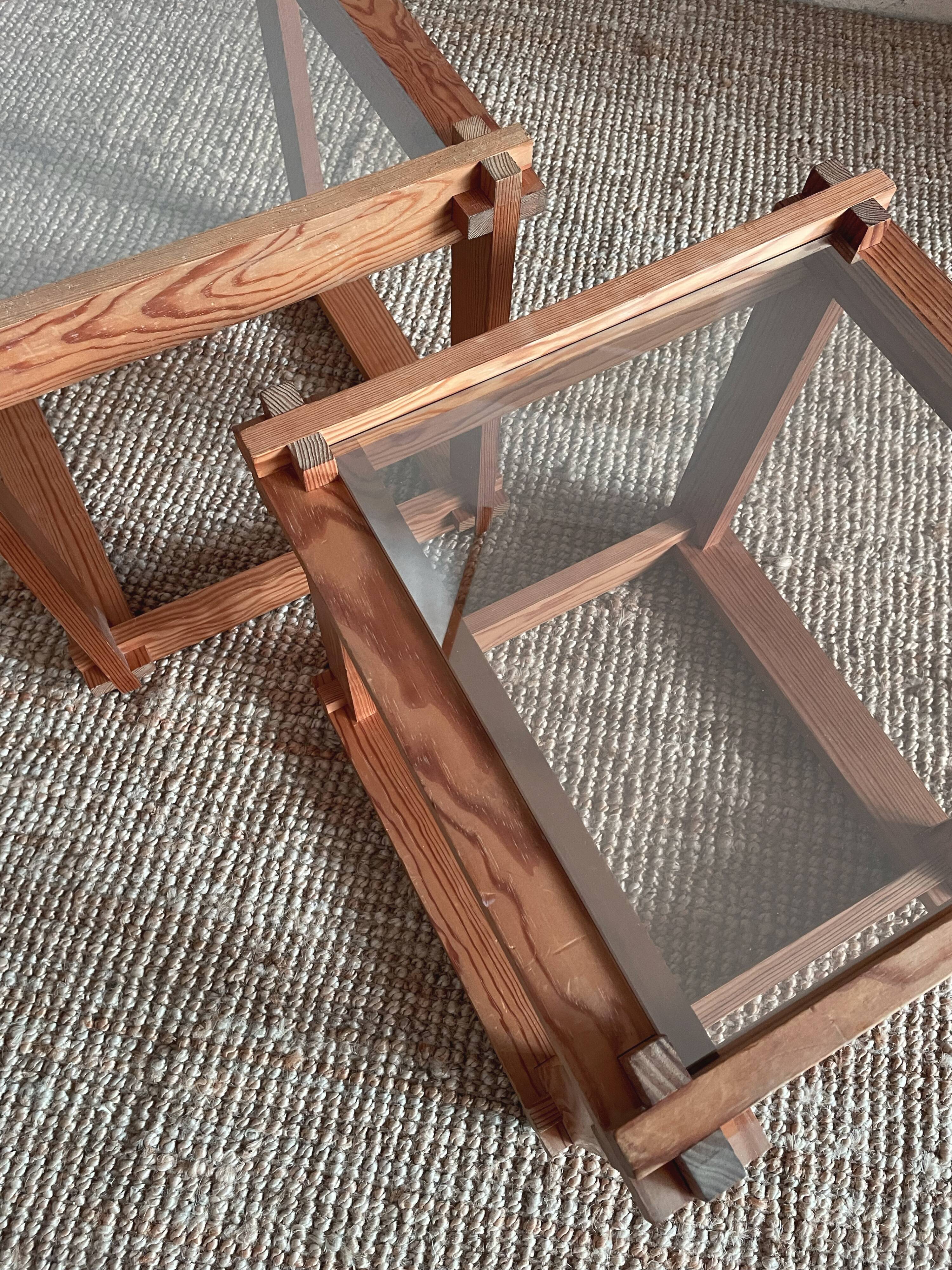Pair of pine and glass side tables