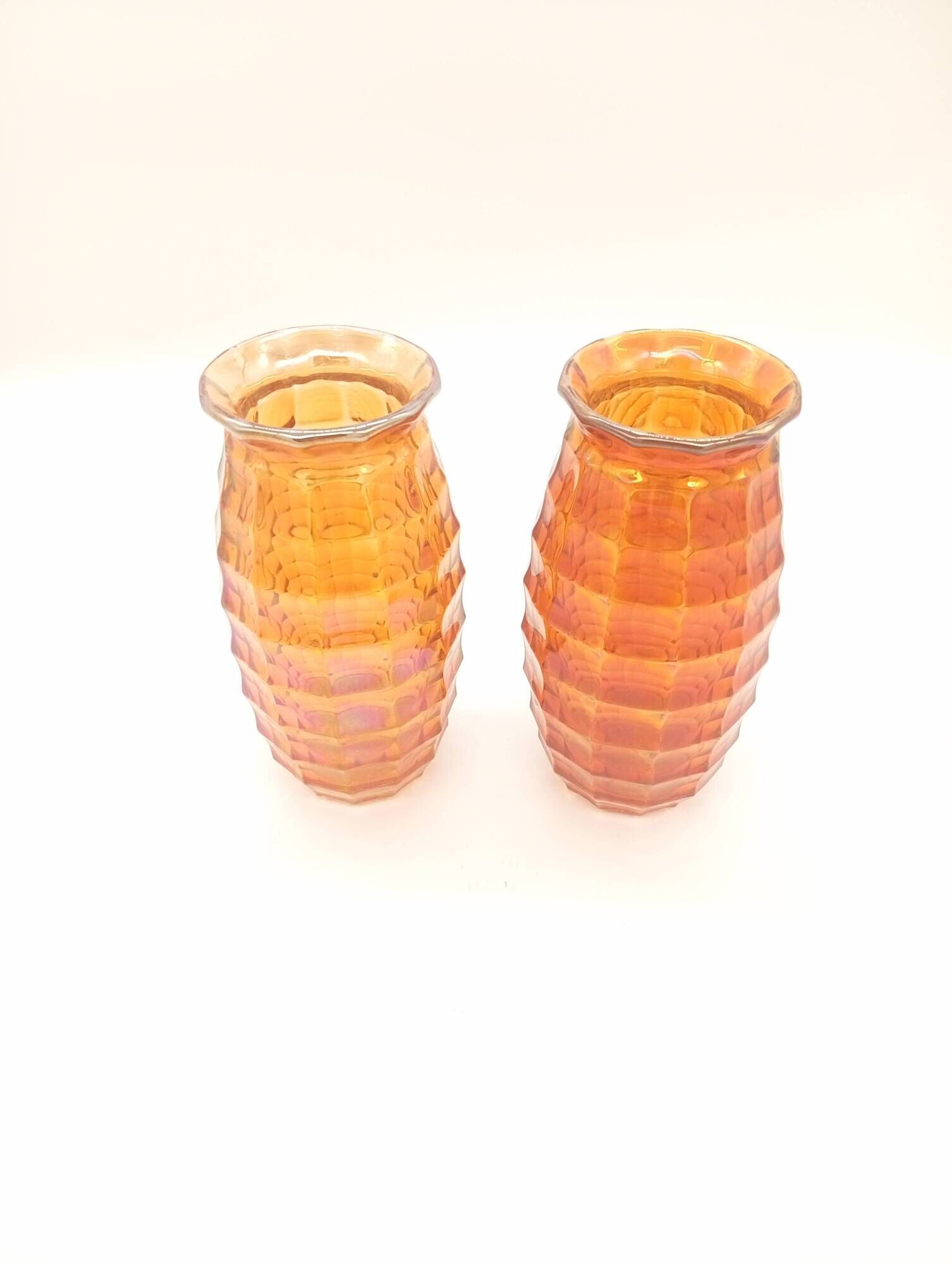 Paire Vases Art Déco Josef Invald Carnival Marigold Orange Irisé Jacobean