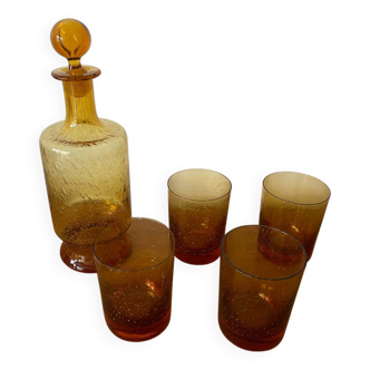 Old biot whiskey service carafe + 4 glasses vintage orange bubble glass #b9
