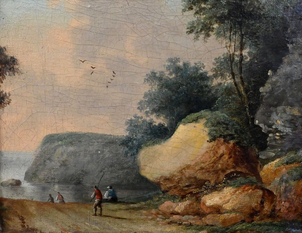 Painting "Path Leading to the Sea", oil on panel, in the style of Jean Pillement – late 19th century.