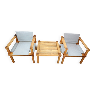 Gerd Lange Japandi style safari arm-chairs and Table, 1965