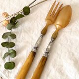 Old salad servers in horn and silver metal