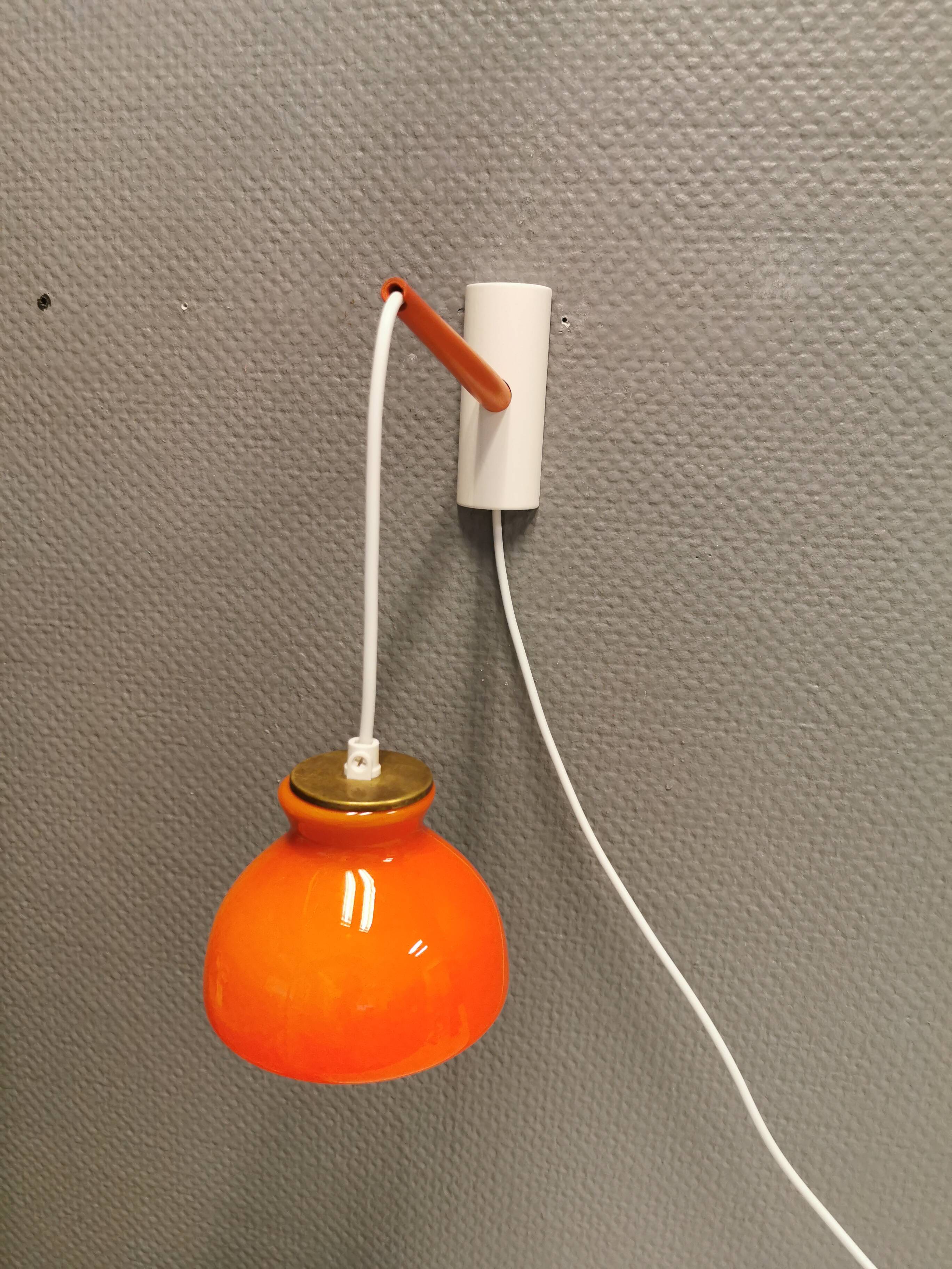 Holmegaard wall lamp in glass, nice orange/red color, danish design, retro, vintage, 1970s