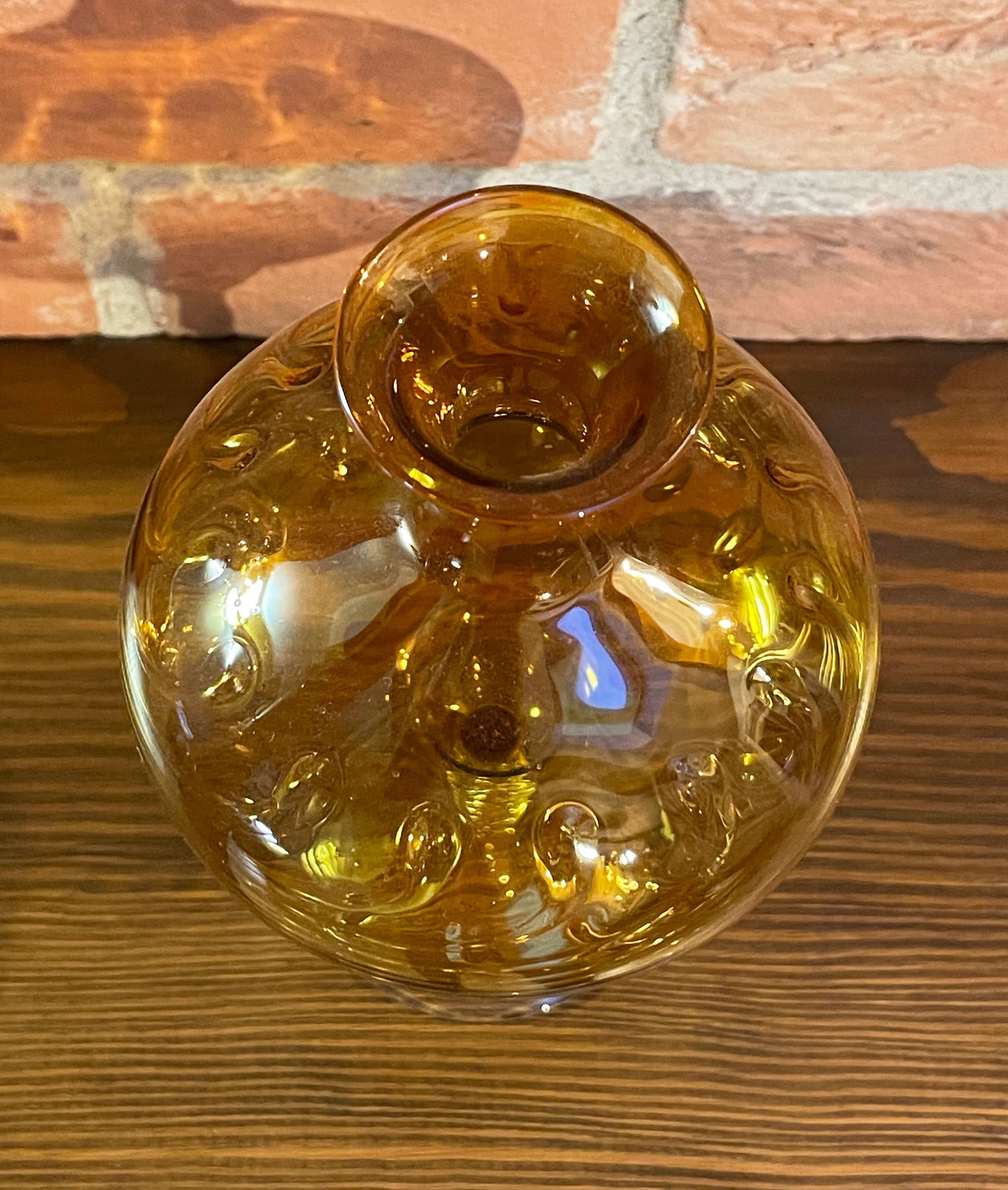 East German GDR Mouth-Blown Amber Art Glass Vase with Swirled Ribbing Texture, Possibly by Lauscha