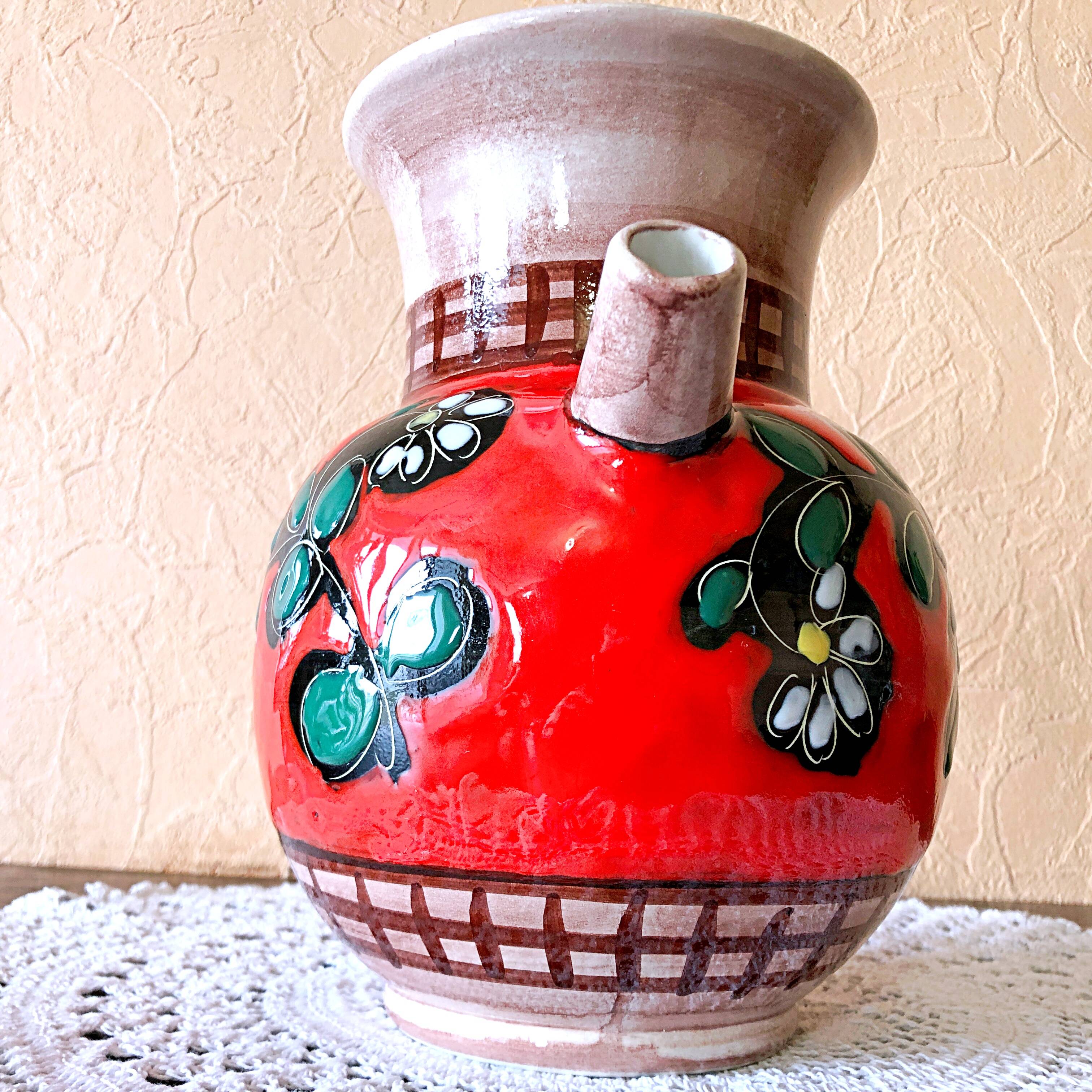 Carafe, jug, chevrette, artisanal, ceramic with floral decoration