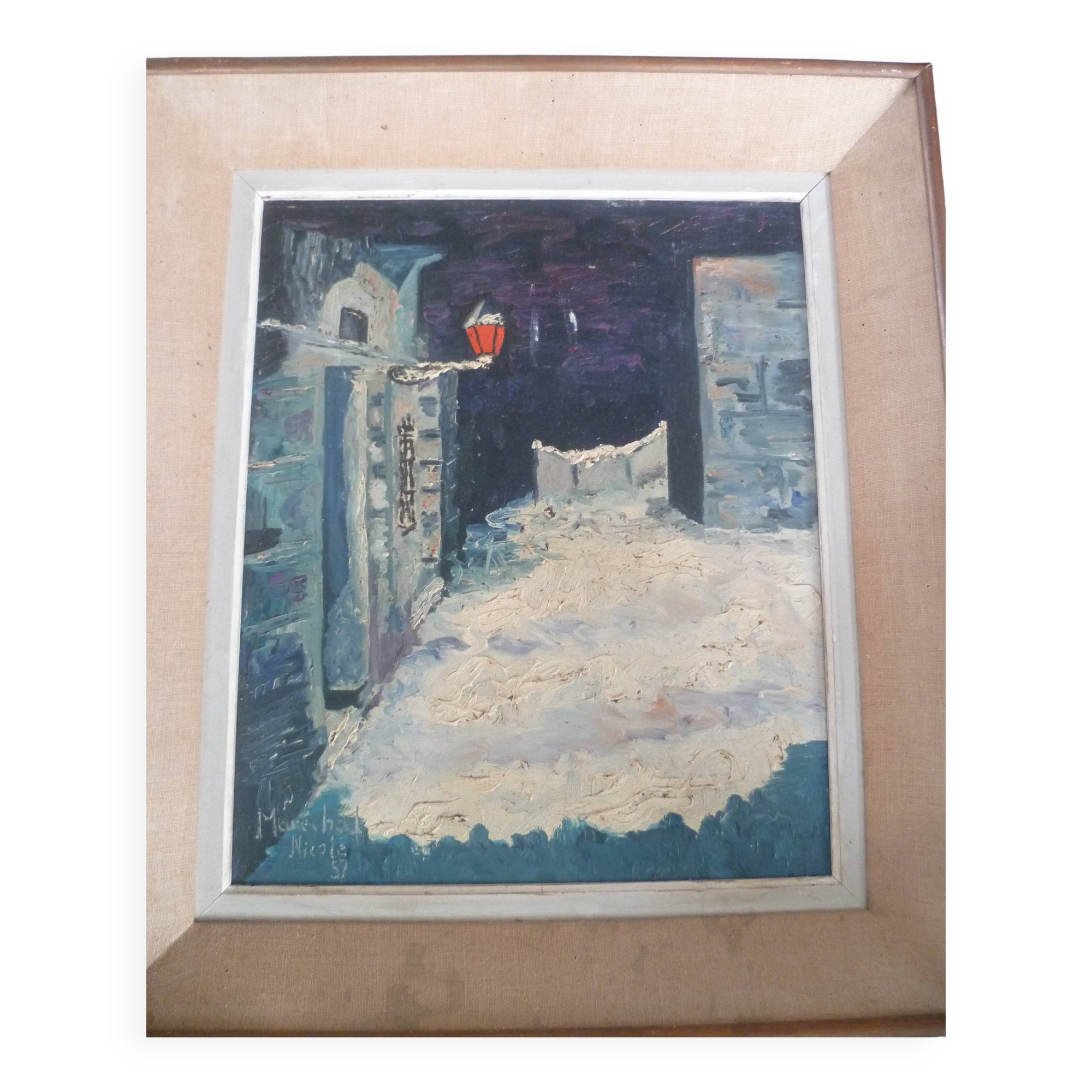 HST PAINTING "SNOW LANDSCAPE WITH RED LANTERN" signed MARECHAL NICOLE 1957 IN ITS FRAME