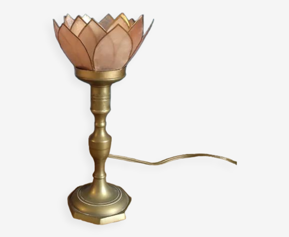 Lampe chevet fleur lotus nacre rose poudré base laiton dp 0123246