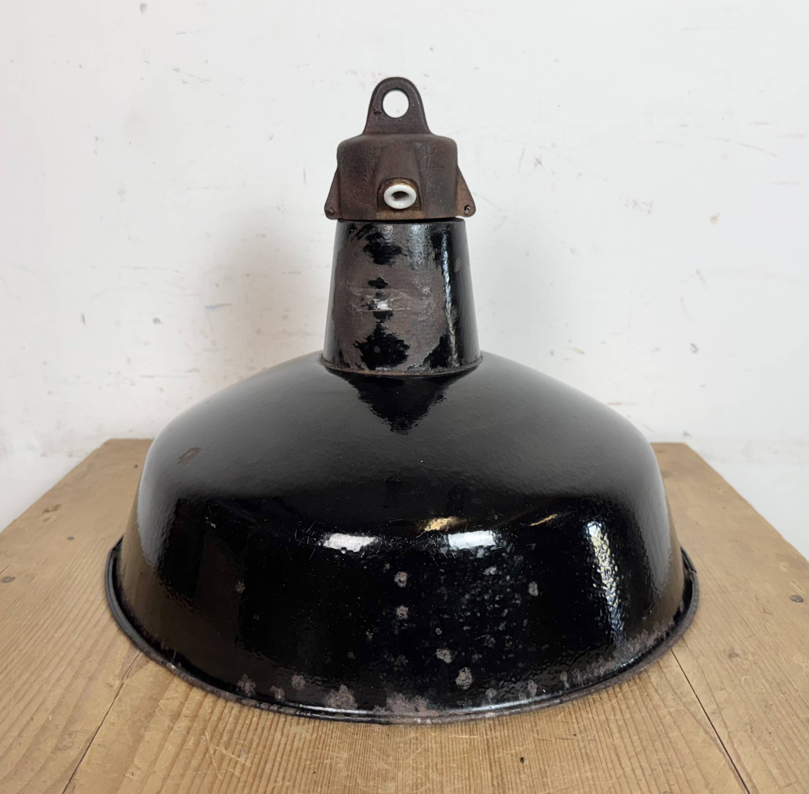 Industrial Black Enamel Factory Lamp with Cast Iron Top, 1950s